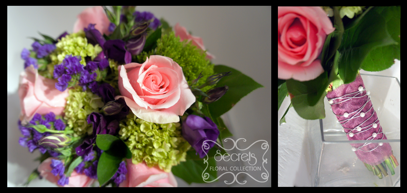 A bridal bouquet with lots of textures. Created with fresh light pink roses, purple lisianthus, baby green hydrangea, green trachelium, and purple statice flower (other angles) - Toronto Wedding Flowers by Secrets Floral Collection