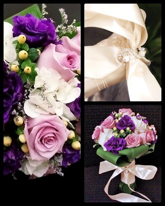 Fresh lavender roses, purple lisianthus, white hydrangea, ivory hypericum berries, and misty blue limonium bridal bouquet, with ivory satin wrap with pearl and diamond brooch (other angles) - Toronto Wedding Flowers by Secrets Floral Collection