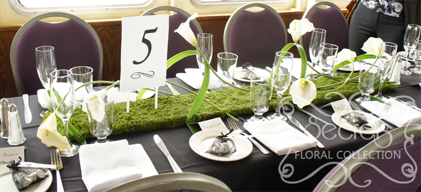 Artifcial White Calla Lilies on Moss Mat Guest Table Centrepiece, with Table Number (Front View)
