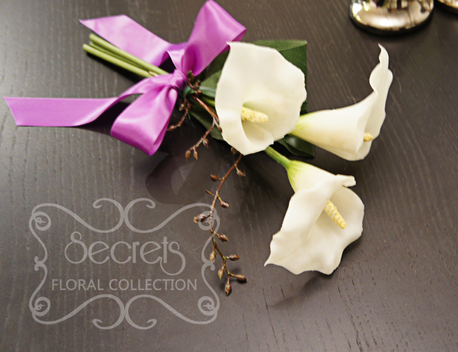Maid of Honour Bouquet -- Artificial White 3-bloom Calla Lilies and Brown Eucalyptus Seeds with Lavender Satin Bow