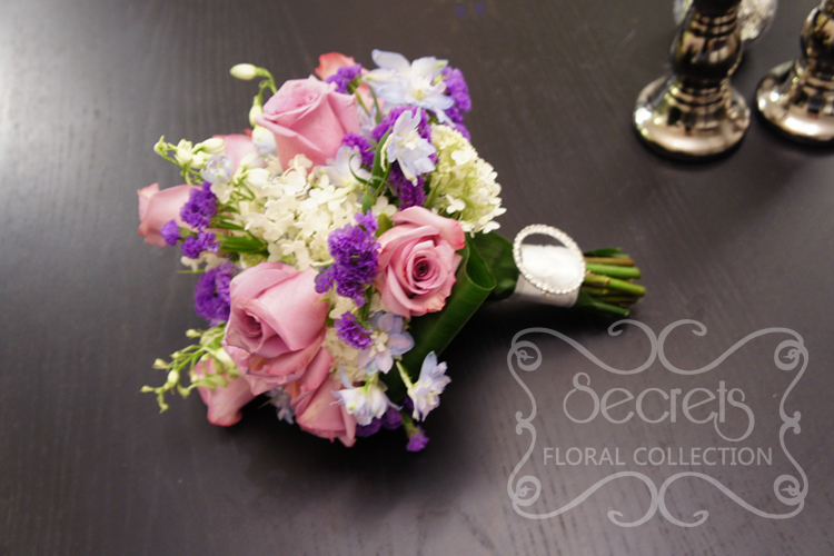 Bridal Bouquet -- Fresh Lavender Roses, Blue Delphinium, White Annabelle Hydrangea, Purple Statice, with Keepsake Swarovski Crystal Brooch