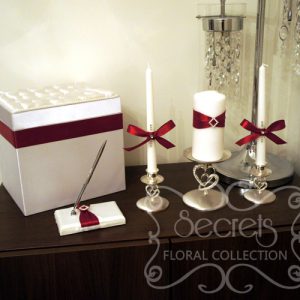 Red Wedding Accessories with Rhinestone Accent (Money Box, Signing Pen, Unity Candles and Stands)