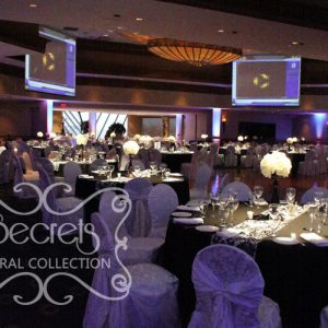 Black Guest Tables with Damask Runners and White Brocade Chair Covers