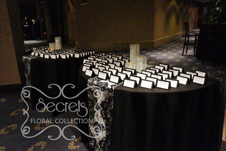 Black Place Card Tables with Damask Runners