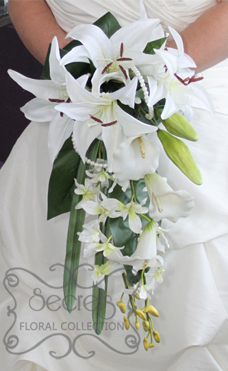 Artificial White Lilies, Calla Lilies, and Dendrobium Orchids Bridal Bouquet with Peal Accents