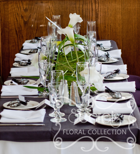 Artifcial White Calla Lilies on Moss Mat Guest Table Centrepiece, with Table Number (Side View)