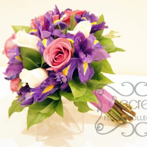 Fresh Lavender Roses, Cream Roses, and Purple Iris Bridal Bouquet with Lavender Satin Ribbon Wrap (Side View)
