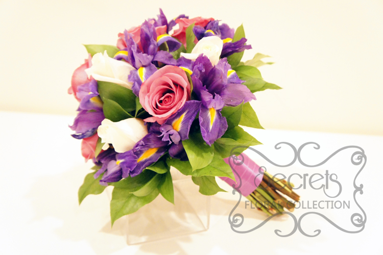 Fresh Lavender Roses, Cream Roses, and Purple Iris Bridal Bouquet with Lavender Satin Ribbon Wrap (Side View)