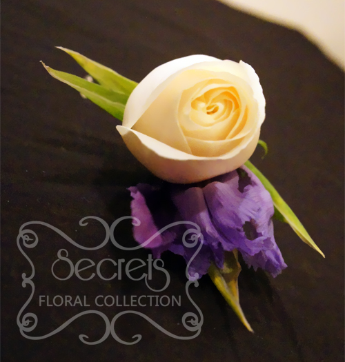 Fresh Cream Rose and Purple Iris Boutonniere with Diamond Pin for the Groom (Top View)