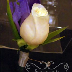 Fresh Cream Rose and Purple Iris Boutonniere with Diamond Pin for the Groom (Front View)