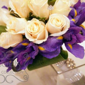 Fresh Cream Roses, Purple Iris, and Pittosporum Heart-Shaped Bridal Bouquet with Swarovski Crystal Jewel Picks (Side View)