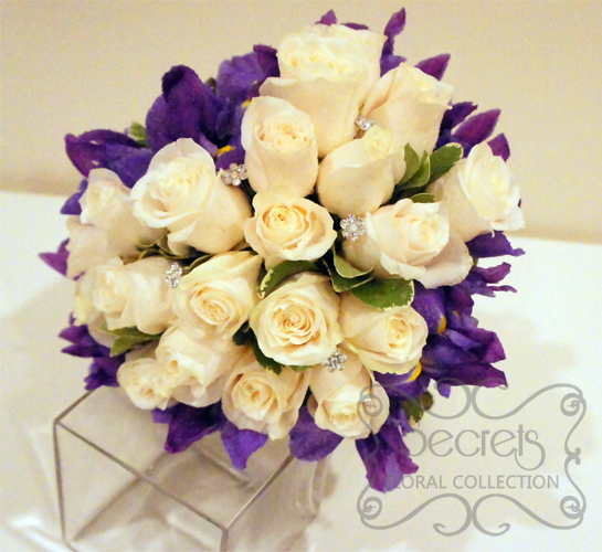 Fresh Cream Roses, Purple Iris, and Pittosporum Heart-Shaped Bridal Bouquet with Swarovski Crystal Jewel Picks (Top View)