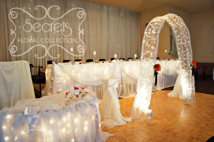 White Sheer Backdrop, Head Table, Ceremony (or Cake Table), and Arch with Twinkle Lights to Add a Fairytale Touch