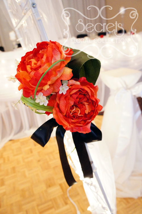 Close-Up of Red Bouquet Pull-Backs with Artificial Red Peonies