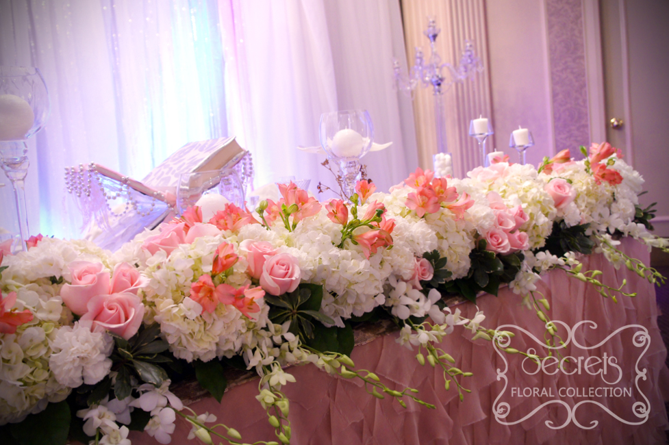 Long Head Table Floral Arrangement with Cream Hydrangea, Carnations, Dendrobium Orchids, Pink Roses, and Coral Alstromeria