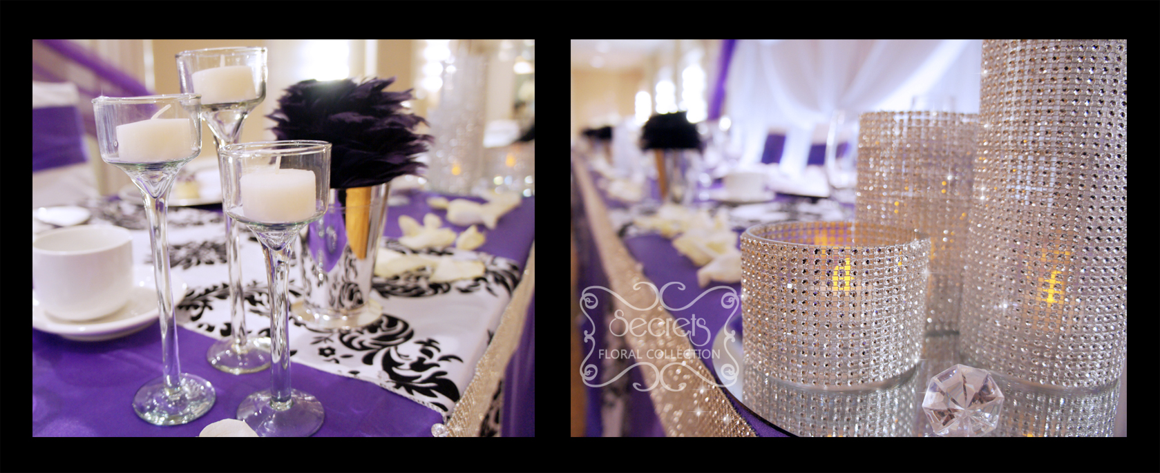 Head table is decorated with bling bling candle holders, stemmed glass candled holders, purple feather ball, and sprinkled with diamond confetti and rose petals - Toronto Wedding Decor Created by Secrets Floral Collection