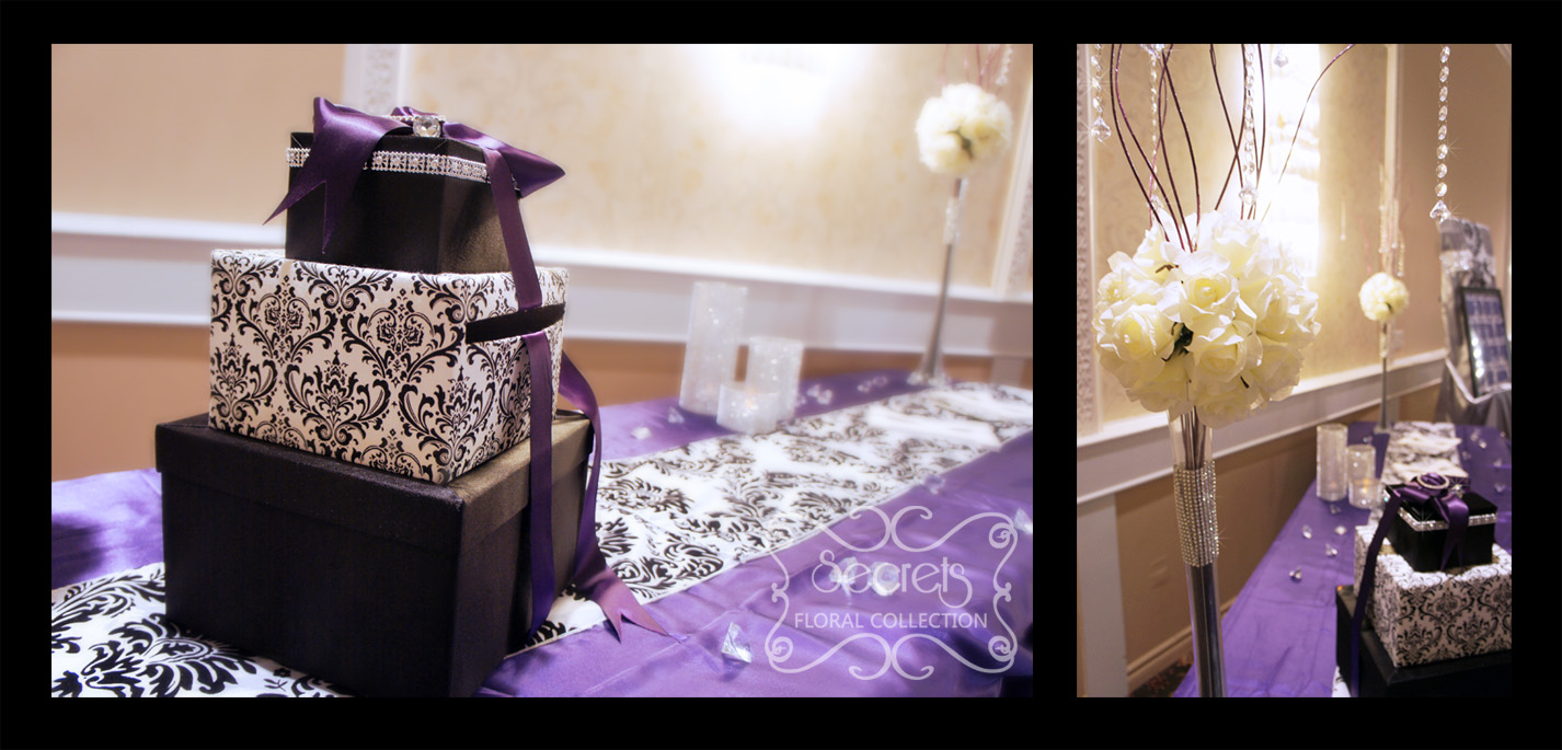 Purple receiving table with 3-tier damask money box - Toronto Wedding Decor Created by Secrets Floral Collection