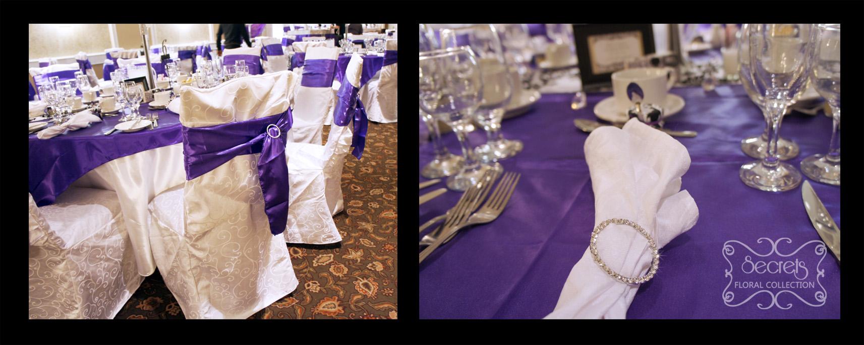 Both the sashes and napkins are hold with Swarovski crystal buckles - Toronto Wedding Decor Created by Secrets Floral Collection