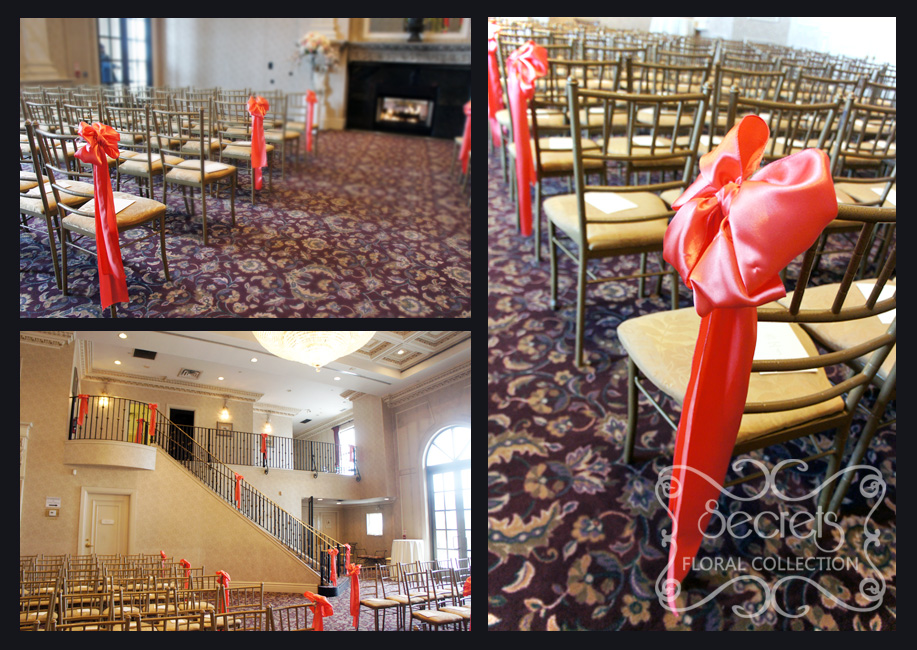 Ceremony aisle and staircases are decorated with coral pink satin bows - Toronto Wedding Decor Created by Secrets Floral Collection