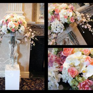Altar arrangement with pink and cream hydrangeas, peach roses, white phalaenopsis, green lilac, and pink cherry blooms, with hanging crystal strands - Toronto Wedding Decor Created by Secrets Floral Collection