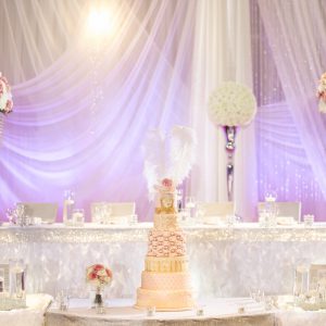 Part of the head table and cake tables are dressed with white ruffled table-skirt and crystallized bling wrap. Photo by Andes Lo Photography - Toronto Wedding Decor Created by Secrets Floral Collection