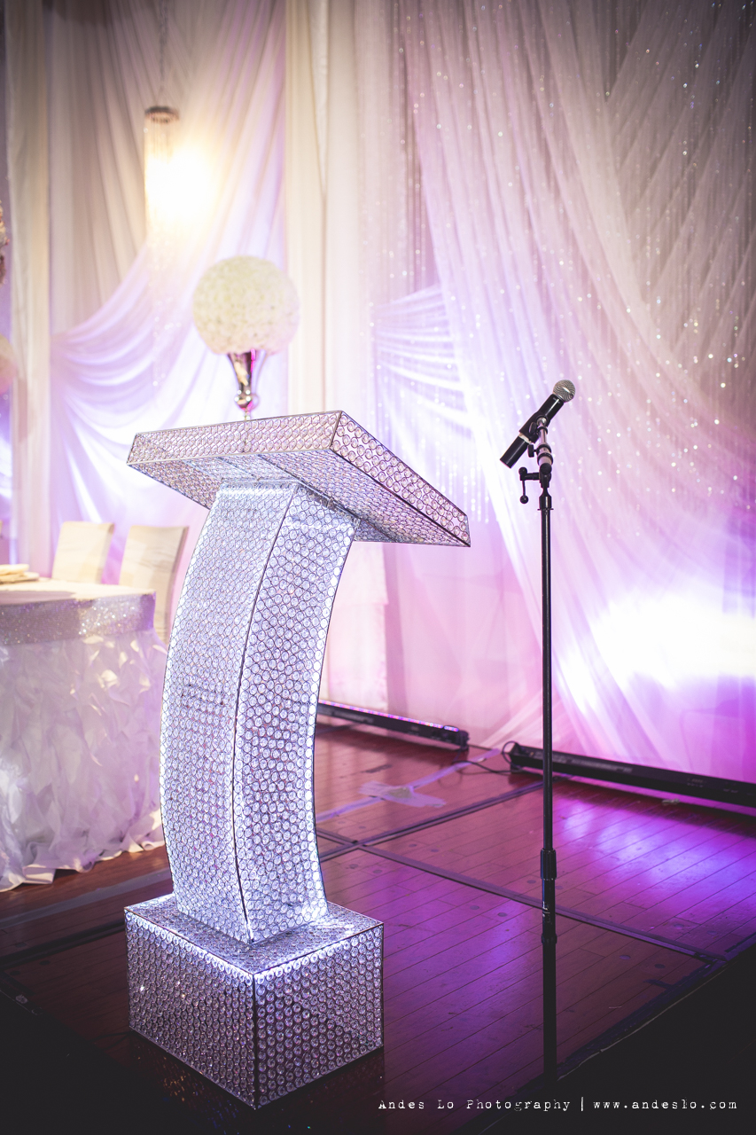 Real crystal podium, illuminated with white LED. Photo by Andes Lo Photography - Toronto Wedding Decor Created by Secrets Floral Collection