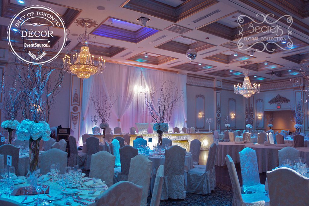 Winter wonderland wedding reception flowers and decor, rewarded by EventSource for "Best of Toronto Décor 2015" - Toronto Wedding Decor Created by Secrets Floral Collection